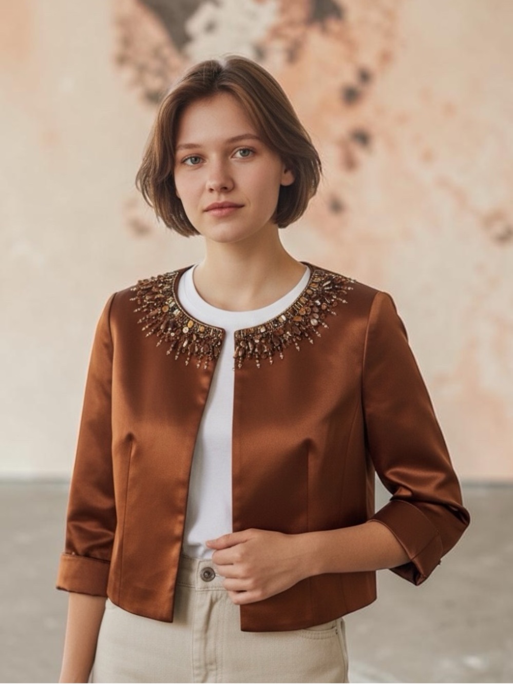NWT Escada Vintage Bronze Kurzjacke Jacket short with beading orgi $1189 Sz 38